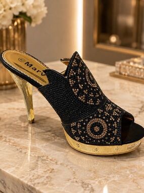 Black & Gold Beaded High Heel Mule